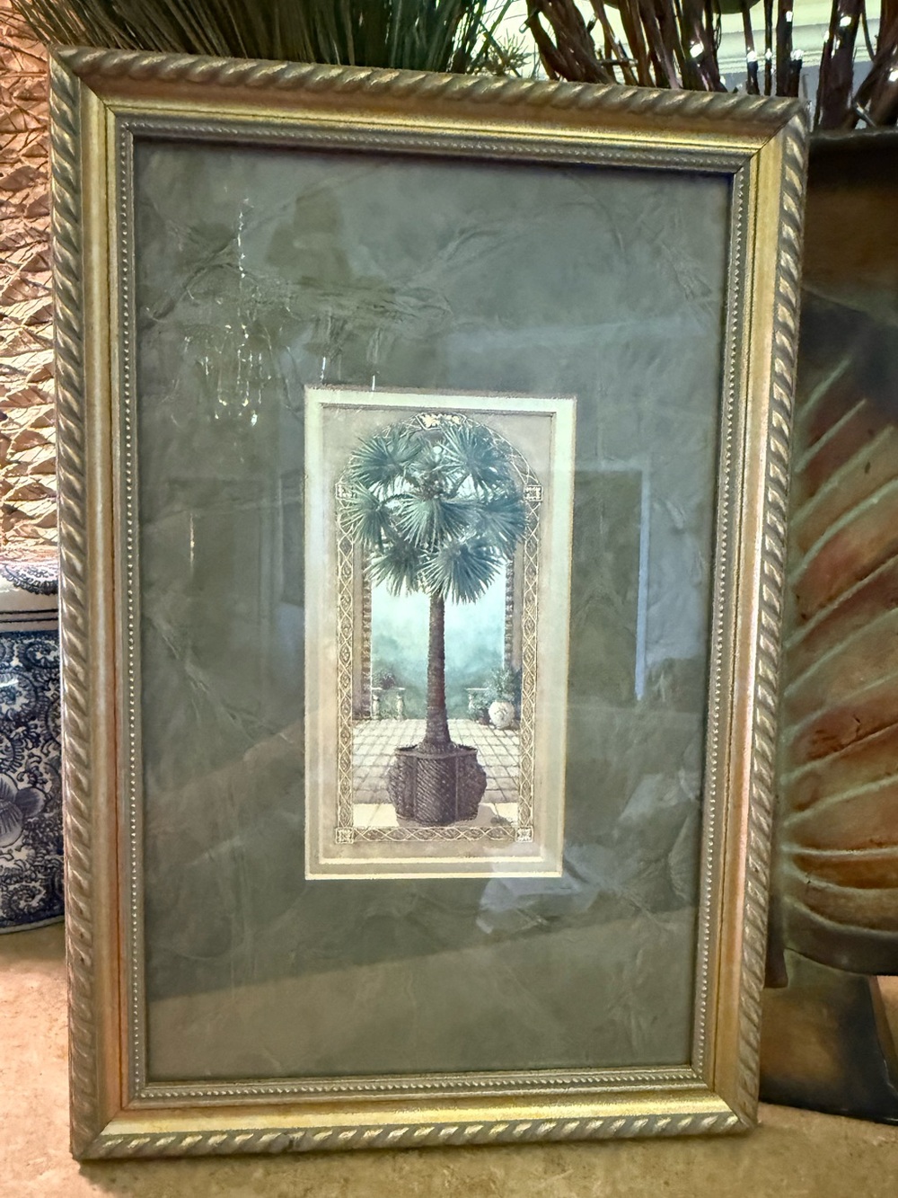 “Palm Tree In Basket II” by Janet Kruskamp Framed & Matted
